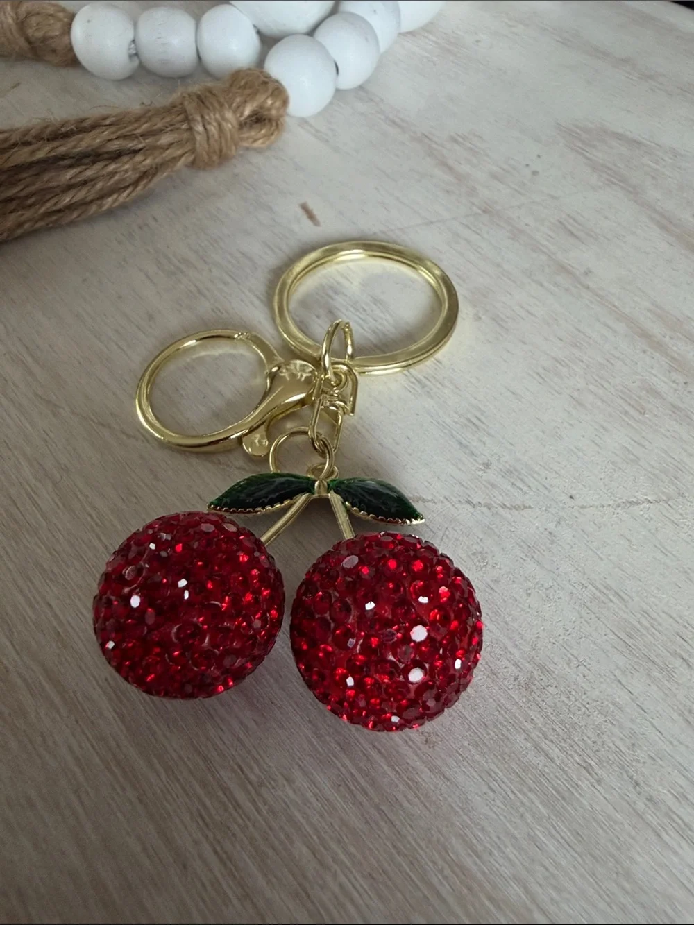 Gold Cherry Crystal Keychain - Red Cherry Charm